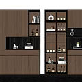 Modern Wooden Wine Cabinet with Layered Shelves Wine Bottles Glassware and Decorative Lighting