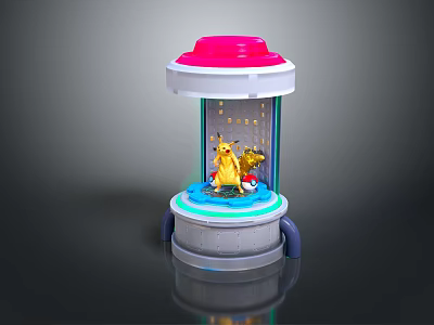 Pikachu Pokémon Figure in Transparent Display Case With Pink Top And Blue Base Decorations 3d model