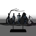 Blue Humanoid Figurines And Black Branch Decorative Ornament Set With Stone Elements On Black Base