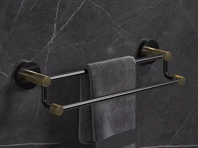 Brass Double Rod Bathroom Towel Rack With Gray Towel On Marble Wall 3d model