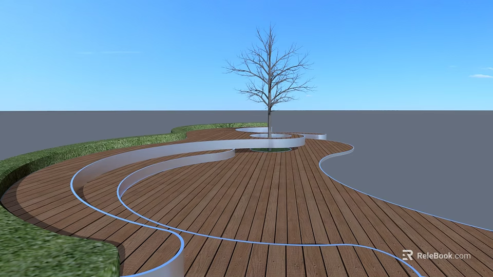 Curved Landscape Seating on Wooden Deck with Central Tree Green Grass under Blue Sky 3d model 
