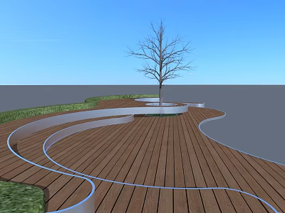 Curved Landscape Seating on Wooden Deck with Central Tree Green Grass under Blue Sky 3d model