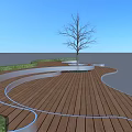 Curved Landscape Seating on Wooden Deck with Central Tree Green Grass under Blue Sky