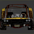 Yellow Custom Car with Red Frame Exposed Engine Open Top and Rusty Large Wheels