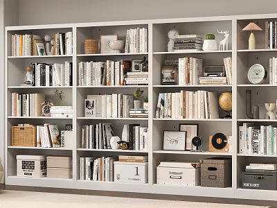 White Built In Bookcase with Books Decorative Items and Storage Boxes 3d model