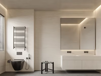 Modern Bathroom Interior With White Walls Large Mirror Vanity And Wall Mounted Toilet 3d model