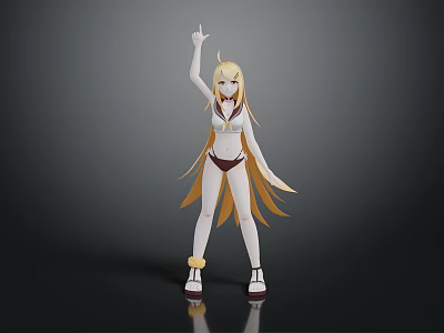 Anime Style Female Character 3D Model With Blonde Hair Raised Right Hand On Black Background 3d model