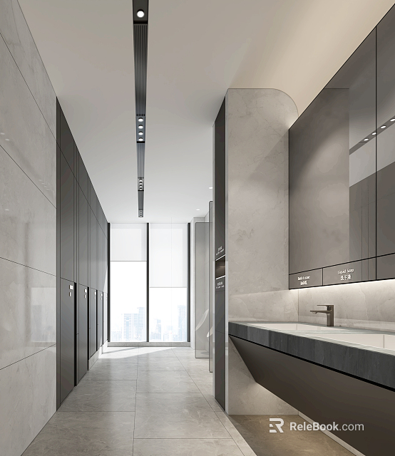 Modern Public Restroom Design With Gray Walls Mirrors Strip Lighting And Washbasin Windows 3d model 