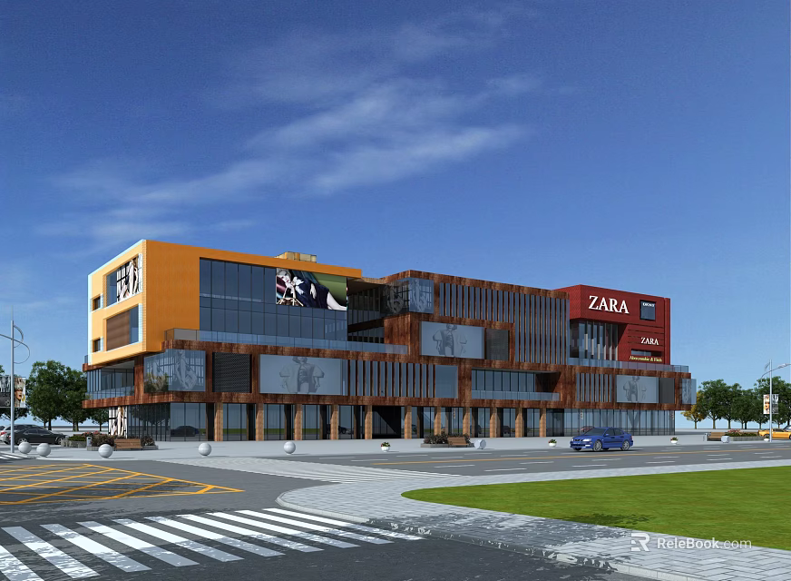 Modern Commercial Complex With Orange Facade Glass Curtain Walls ZARA Store And Green Lawn 3d model 