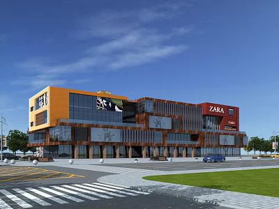 Modern Commercial Complex With Orange Facade Glass Curtain Walls ZARA Store And Green Lawn 3d model