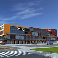 Modern Commercial Complex With Orange Facade Glass Curtain Walls ZARA Store And Green Lawn