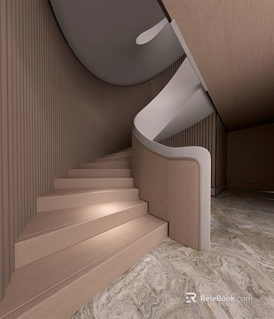 Elegant Modern Spiral Staircase Interior With Wooden Paneling White Rail And Marble Floor 3d model 