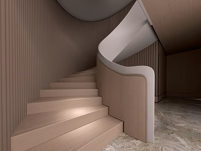 Elegant Modern Spiral Staircase Interior With Wooden Paneling White Rail And Marble Floor 3d model