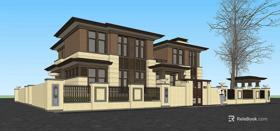 Modern Style Two Story Detached Villa With Brown And Beige Exterior Black Fence And Gate 3d model 