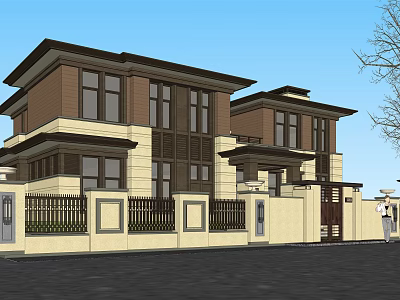 Modern Style Two Story Detached Villa With Brown And Beige Exterior Black Fence And Gate 3d model