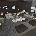 Modern Beige Sofa And Marble Coffee Table Set With Ottomans Bookshelves Plants In Living Room