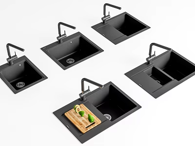 Modern Black Kitchen Sinks With Faucet And Wooden Cutting Board With Lemon Lime 3d model
