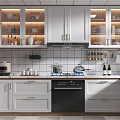 Modern Kitchen With White Cabinets Glass Front Storage Geometric Floor Tiles And Appliances
