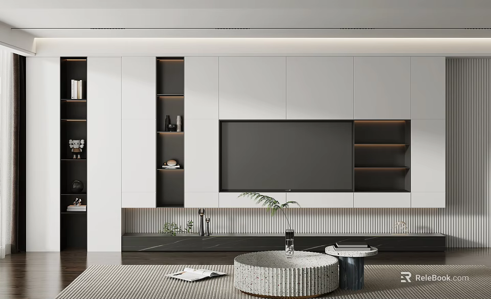 Modern TV Wall Design With Built-in TV White Cabinets Open Shelves And Decorative Accents 3d model 