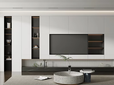 Modern TV Wall Design With Built-in TV White Cabinets Open Shelves And Decorative Accents 3d model