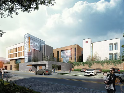 Modern School Building with Glass Facade and Brick Design Along Street with Vehicles and Pedestrians 3d model