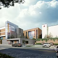 Modern School Building with Glass Facade and Brick Design Along Street with Vehicles and Pedestrians