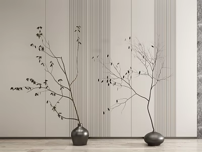 Modern Minimalist Vases With Twig Branches On Striped Wall Light Floor Background 3d model
