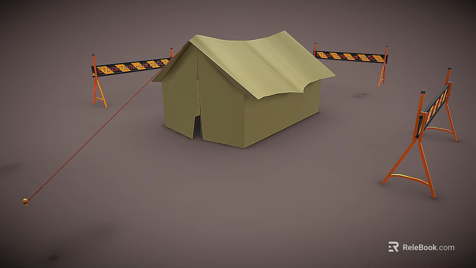 Green Camping Tent Surrounded By Orange Striped Barriers And Red Rope 3d model 