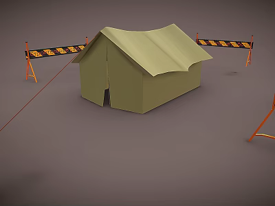 Green Camping Tent Surrounded By Orange Striped Barriers And Red Rope 3d model