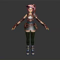 3D Fantasy Character With Pink Hair Green Skirt Brown Arm Guards Tool Belt And Boots