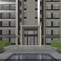 Modern High Rise Building Main Entrance Design With Reflecting Pool And Landscaped Greenery