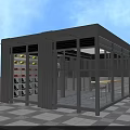 Modern Glass And Metal Modular Structure With Large Windows Shelves And Checkerboard Floor