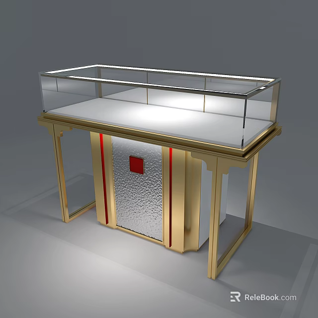 Specialty Store Display Cabinet Featuring Gold Frame Transparent Glass White Countertop And Red Accent 3d model 