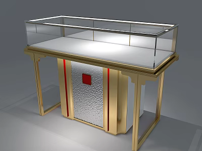 Specialty Store Display Cabinet Featuring Gold Frame Transparent Glass White Countertop And Red Accent 3d model