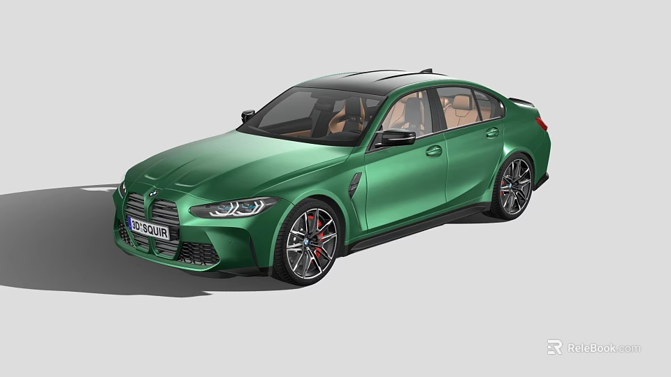 Green BMW M3 Sedan With Black Wheels Red Brake Calipers Luxurious Brown Interior Sporty Design 3d model 