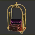 Golden Luggage Cart With Stacked Suitcases On Red Base And Wheels