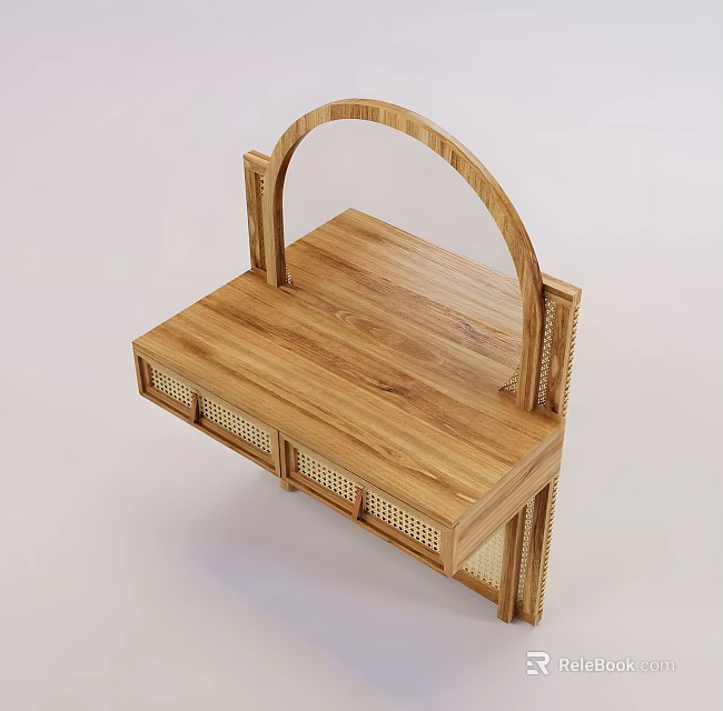 Wooden Dining Table With Curved Structure Woven Drawer Panels And Natural Wood Grain 3d model 