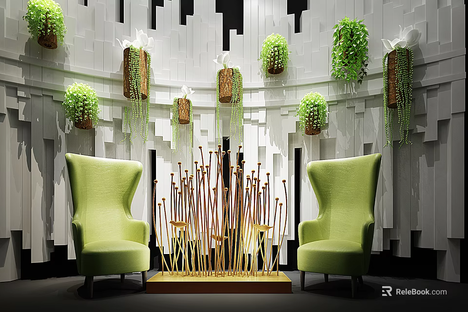 Green Armchairs In Stylish Interior With White Geometric Wall Hanging Plants And Decorative Sticks 3d model 
