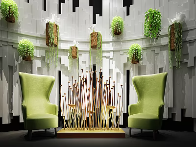 Green Armchairs In Stylish Interior With White Geometric Wall Hanging Plants And Decorative Sticks 3d model