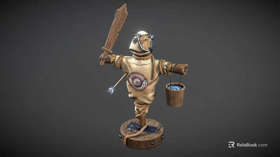Scarecrow Figure Holding Wooden Sword With Quiver And Bucket On Wooden Stump 3d model 