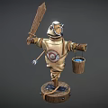 Scarecrow Figure Holding Wooden Sword With Quiver And Bucket On Wooden Stump