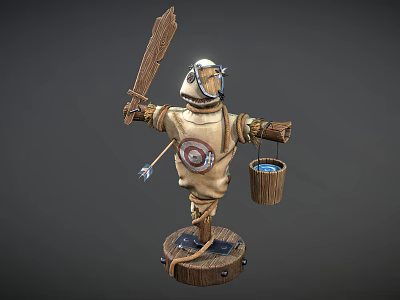 Scarecrow Figure Holding Wooden Sword With Quiver And Bucket On Wooden Stump 3d model
