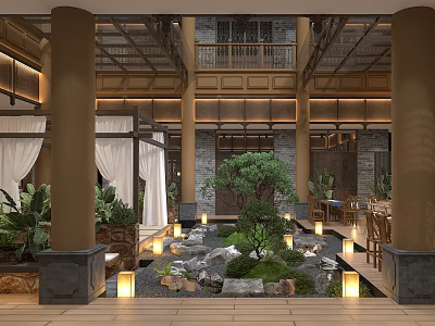 Traditional Chinese Tea House Interior With Courtyard Rocks And Lanterns 3d model
