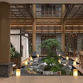 Traditional Chinese Tea House Interior With Courtyard Rocks And Lanterns