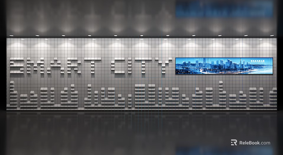 Smart City Exhibition Hall With Grid Pattern Wall And Urban Skyline Lighting 3d model 