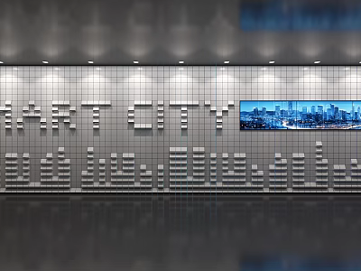 Smart City Exhibition Hall With Grid Pattern Wall And Urban Skyline Lighting 3d model