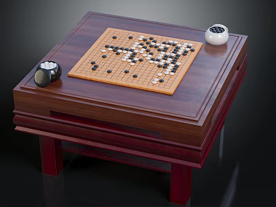 Wooden Gaming Table With Go Board Black White Stones And Storage Compartments 3d model