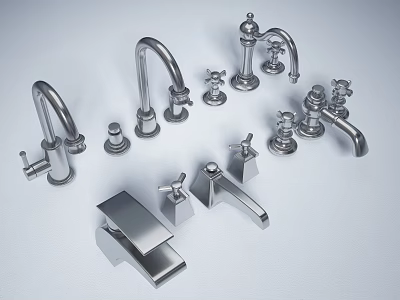 Assortment Of Silver Metal Faucets With Various Handle Designs And Styles 3d model