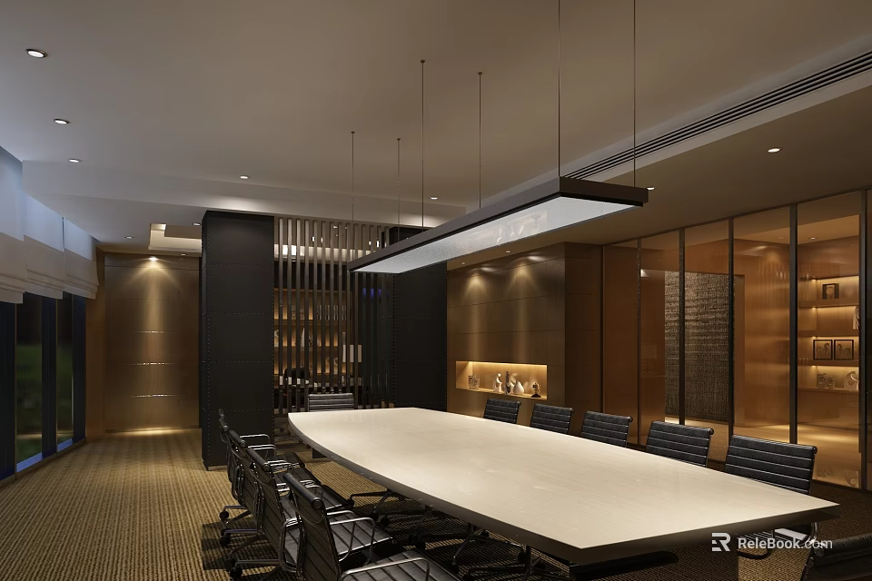 Modern Conference Room Interior With Long White Table Black Chairs And Pendant Lighting 3d model 