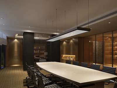 Modern Conference Room Interior With Long White Table Black Chairs And Pendant Lighting 3d model
